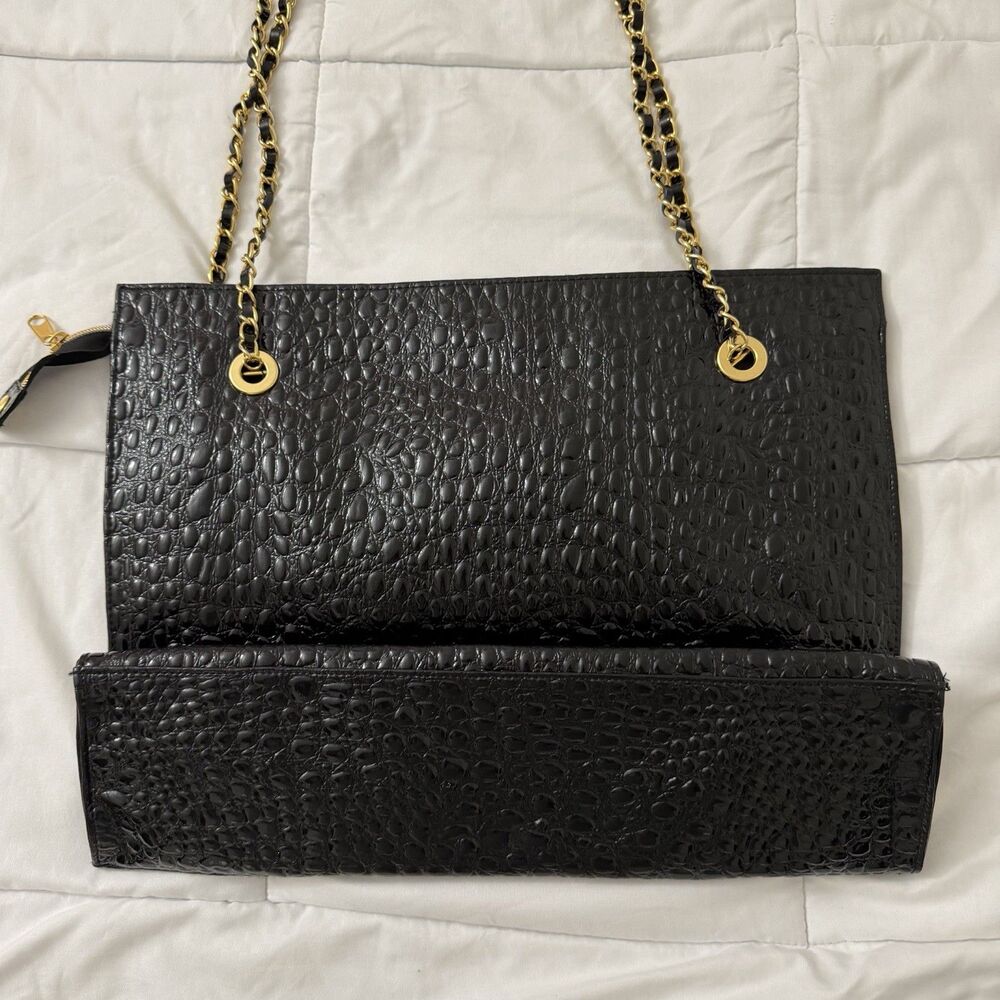 St. John Tote Bag Large Black Patent Leather Embossed Gold Chain Straps - Picture 6 of 11